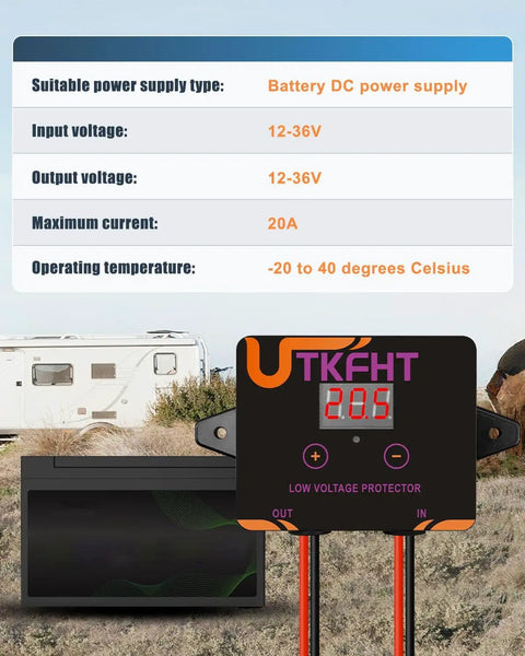 Badass Waterproof Dc 12-36V Low Voltage Protector And Battery Disconnect Switch For Solar Systems Lead Acid Lithium Batteries Marine Rv Off Road Adventures, displaying specs with LED. 20A max, for outdoor use.