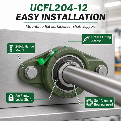 Two Pack Pillow Block Flange Bearing UCFL204 12 installed on metal surface, showing set screw locking and grease fitting port