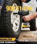 High Performance 1/2 Inch Cordless Impact Wrench Dishes Out Sick 900 Ft Lbs Of Raw Torque Compatible With Dewalt 20V Battery in use on tire.