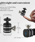 Universal Mini Ball Head Tripod Mount For Cameras One Quarter Inch Twenty Thread 360 Degree Rotation 90 Degree Tilt Ten Pound Load Capacity Silver held by hand, showing size.