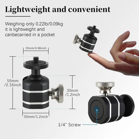 Universal Mini Ball Head Tripod Mount For Cameras One Quarter Inch Twenty Thread 360 Degree Rotation 90 Degree Tilt Ten Pound Load Capacity Silver held by hand, showing size.