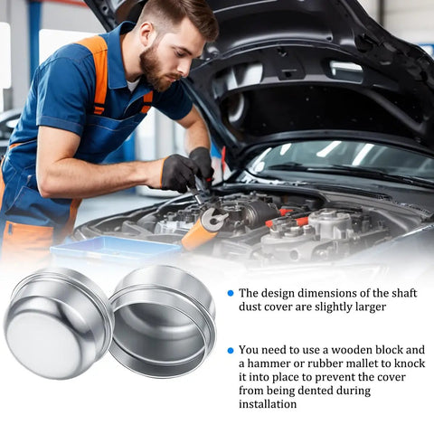 KickAss Heavy Duty Trailer Hub Dust Caps Two Point Zero Five Inch installed by mechanic with tools, showcasing grease protection features.