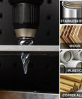 Drill using Five Piece Four Spiral Flute Step Drill Bit Set 1/8 To 1-3/8 Inch High Speed Steel Unibit with hex shanks on metal.
