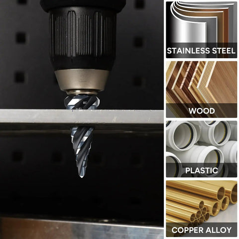 Drill using Five Piece Four Spiral Flute Step Drill Bit Set 1/8 To 1-3/8 Inch High Speed Steel Unibit with hex shanks on metal.