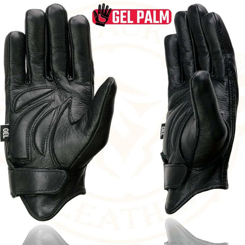Gel Palm Motorcycle Gloves For Men With Gel Padded Palm Black Leather Short Wrist Biker Gloves Size Large front and back view