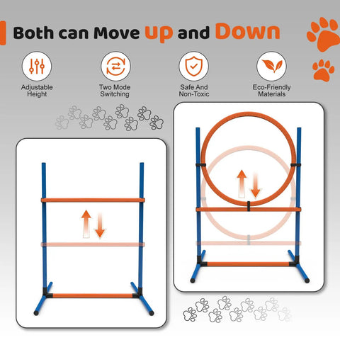 4-Piece Dog Agility Training Kit With Adjustable Hoop Jump Weave Poles for variable height settings, PVC material.