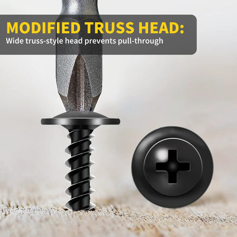 Heavy Duty Phillips Truss Head Wood Screws, 8 By 5/8 Inch, Black Self Tapping Fasteners for Furniture showing modified truss head design.