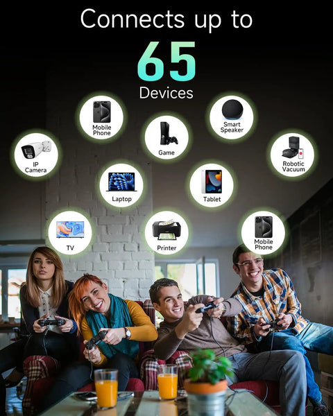 Group playing video games with Best WiFi Extender And Signal Booster For Home, 6X Faster Internet, Long Range Up To 15,588 Sq Ft