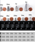 Assorted lead fishing sinkers with size comparison to coins, featuring weight, length, and width measurements.