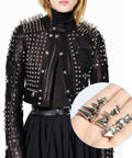 Badass 543 Piece Punk Studs And Spikes Kit With Eight Cone Sizes, showcasing a spiked black leather jacket and metal studs.