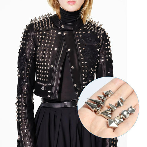 Badass 543 Piece Punk Studs And Spikes Kit With Eight Cone Sizes, showcasing a spiked black leather jacket and metal studs.