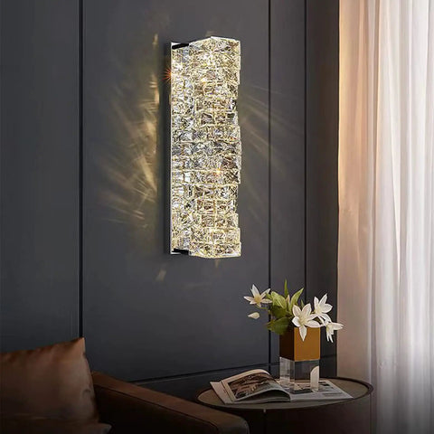 Crystal LED Wall Sconce Light for Living Room and Bedroom, glass wall mount fixture, elegant ambient lighting on dark wall