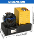 Pro Level Electric Hydraulic Hose Crimper With Eight Slick Dies For No Sweat Quarter To One Inch Seals on a black and yellow machine.