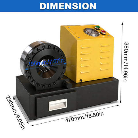 Pro Level Electric Hydraulic Hose Crimper With Eight Slick Dies For No Sweat Quarter To One Inch Seals on a black and yellow machine.