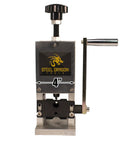 Front view of a benchtop wire stripping machine for copper wire from 0.15 inch to 1 inch, manual hand crank visible