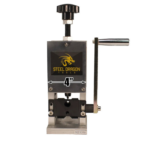 Front view of a benchtop wire stripping machine for copper wire from 0.15 inch to 1 inch, manual hand crank visible
