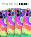 Spiral Tie Dye Full Body Skin Decal Wrap Kit For iPhone 13 with vibrant colors and camera cutouts shown in close-up