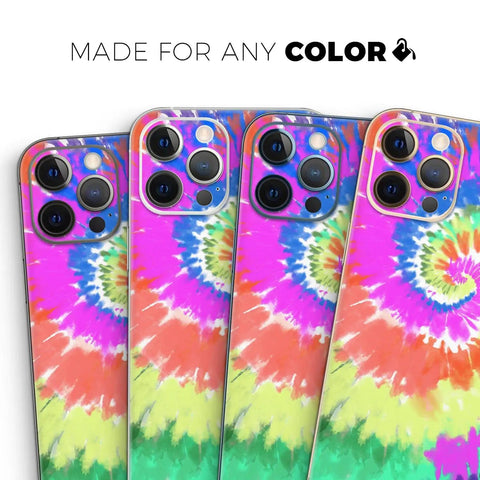 Spiral Tie Dye Full Body Skin Decal Wrap Kit For iPhone 13 with vibrant colors and camera cutouts shown in close-up