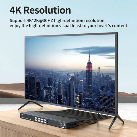 Top Tier 16 Port Rack Mount KVM Console With Crisp Audio Output And Lightning Fast Hotkey Routing For No Sweat Server Management Using Just One Keyboard And Main Display Screen with a 4K display showing city skyline.