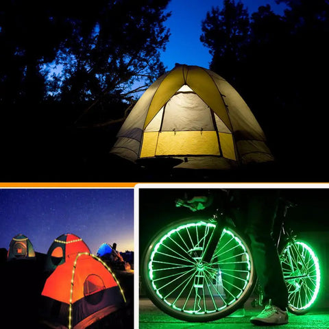 LED Strip Lights With 24 Keys Remote, Battery Powered 2 Meter Flexible Light Strip illuminating tents and bike