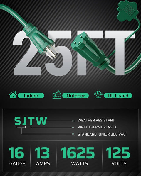 25 Foot Outdoor Extension Cord With Three Evenly Spaced Outlets And Safety Cover For Outdoor String Lights Weatherproof 16 3 Gauge SJTW Wire ETL Listed Easy Plug In Setup For Yard Patio Landscape Lighting And Christmas Decor displayed with specs