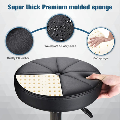 Close-up of black PU leather seat showing sponge padding of Round Rolling Stool With Wheels Height Adjustable Swivel Chair For Spa Salon Massage Black Comfy PU Leather Esthetician Stool With 360 Degree Rotation Easy To Clean Five Wheel Mobility.