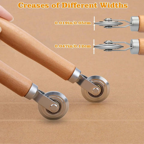 Pro Grade Dual Size Box Resizer Tool Set with 0.5mm and 1.2mm CAMs, showing dual creasing wheels on cardboard surface