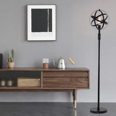 Globe Industrial Floor Lamp With Dimmable On Off Switch next to wooden console in living room setting.