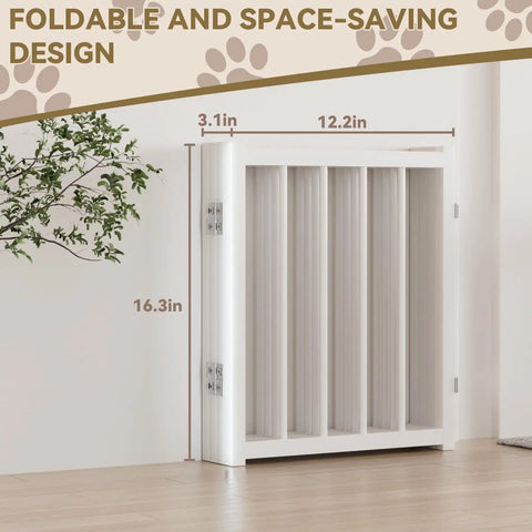Short Dog Gate For Tiny Paws Under Fifteen Pounds With Foldable Four Panel Barrier Expands To Forty Eight Inches Wide Easy Doorway And Stair Fix In White dimensions displayed