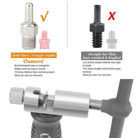 Comparison of bike chain breaker tool parts; stable bold base vs fragile thin base; focus on Bike Chain Breaker Tool Universal For 7 To 11 Speed Chains Chain Splitter For Road And Mountain Bikes Easy To Use For New Riders Ride Ready Removes Rusty Links Fast Compact Portable Gray.