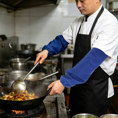 Tough As Nails Heat Resistant Welding Sleeves Fireproof Arm Protectors Zero Sweat Breathable Wrap Pro Grade Armor For Scorching Shop Grind And Heavy Auto Repair Blue worn by chef stirring food in wok.