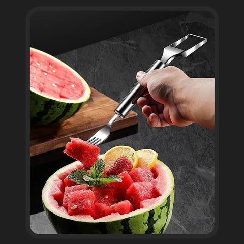 Hand using 2-In-1 Watermelon Slicer And Fork, Premium Stainless Steel Cube Cutter Tool For Melon with watermelon cubes