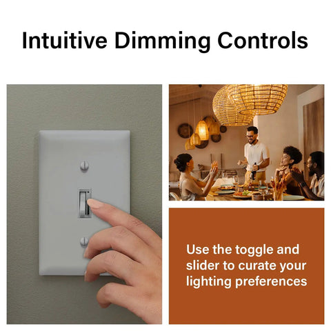 Top Shelf Buttery Smooth Toggle LED Dimmer Light Switch Featuring Advanced Flicker Free Tech Up To 150 Watts For Hassle Free Home Lighting Control In Clean Black One Pack with user adjusting controls.