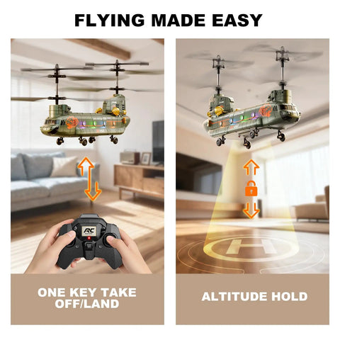Remote Control Helicopter For Kids And Military Fans With Altitude Hold And One Key Takeoff And Landing LED Lights indoors
