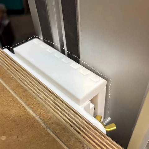 Heavy Duty Rear Hinge Assembly For Track Saws And Mft Tables Solid Aluminum Bracket installed next to wooden plank for smooth gliding.