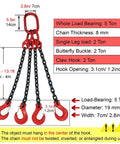 Heavy Duty G80 Manganese Steel Chain Lifting Slings With Four All Purpose Hooks Designed To Haul Massive Loads On Site Straight Up Reliable And Built Like A Tank For Daily Professional Rigging Operations, showing load capacity and dimensions.