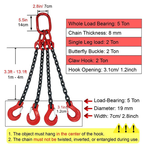 Heavy Duty G80 Manganese Steel Chain Lifting Slings With Four All Purpose Hooks Designed To Haul Massive Loads On Site Straight Up Reliable And Built Like A Tank For Daily Professional Rigging Operations, showing load capacity and dimensions.