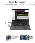 Laptop displaying visual host support software with connected 24GHz FMCW MmWave Radar Sensor for real-time human motion detection.