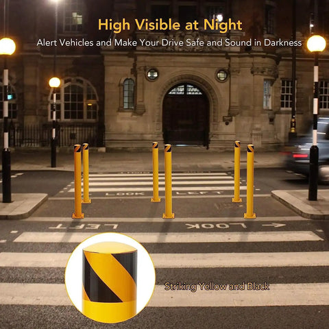 Solid As A Rock Yellow Safety Bollard Set Of Six, 42 Inch Tall Steel Posts With Anchor Bolts For Driveway Barriers, Traffic Control And Parking Lot Guards Built Like A Tank And Ready To Guard Your Space in a night setting.