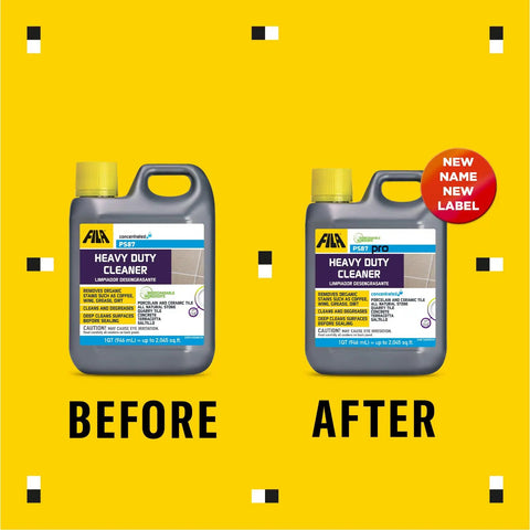 Before and after image showing two bottles of Grime Busting Heavy Duty Floor Cleaner and Degreaser for Porcelain Ceramic Natural Stone.