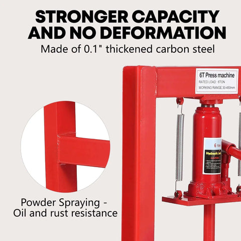 Hefty 6 Ton Hydraulic Shop Press H Frame Benchtop Heavy Duty Bearing Tool For Garage, Ball Joint Repair And Precision Bushing Install Made Tough For Any Pro Or DIY Guy. Red 6-ton H-frame steel press with hydraulic jack