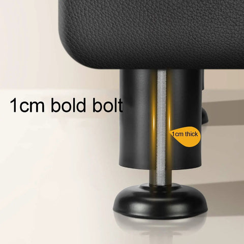 Close-up of adjustable 1cm bolt on round black 20cm metal furniture leg for coffee tables, desks, and nightstands