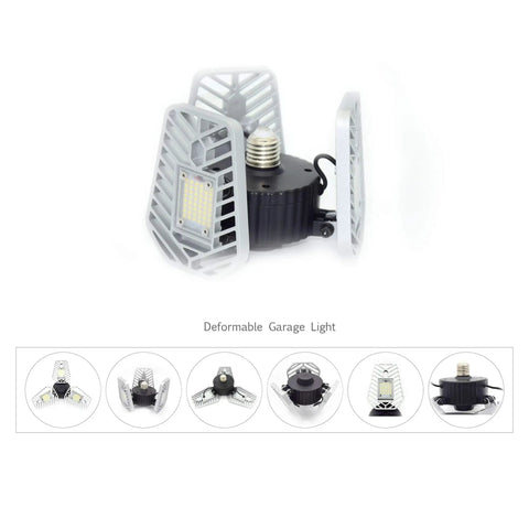 2-Pack LED Garage Lights With Adjustable Trilights, 6500 Lumens, E26/E27 Base shown with adjustable panels, ceiling mount design