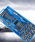 Hardened Alloy Steel Tap And Die Set With Variable Hand Tools For Heavy Duty Screw Threading Operations That Cut Tapered Threads And Craft Precise Nuts in blue case