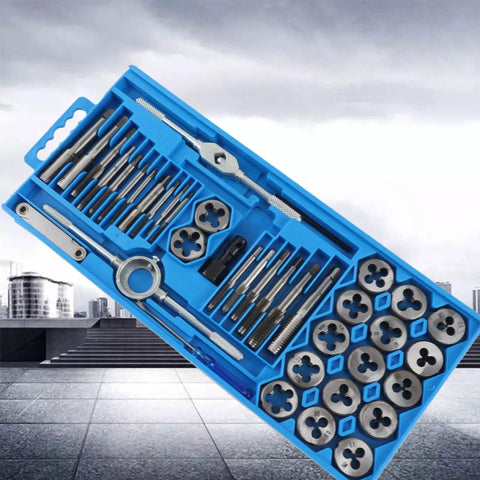 Hardened Alloy Steel Tap And Die Set With Variable Hand Tools For Heavy Duty Screw Threading Operations That Cut Tapered Threads And Craft Precise Nuts in blue case