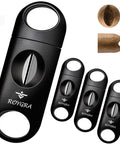 Front view of Roygra four-pack black plastic V-cut cigar cutter set; enlarged V-cut fits all cigars