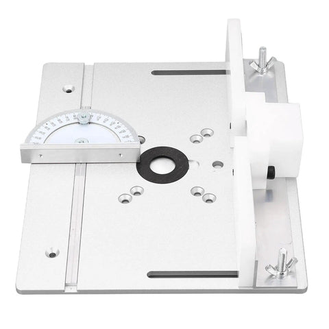 Slick Aluminum Router Flip Board With Heavy Duty Plastic Backer For No Sweat Bit Swaps On Table Saw Lift Plates And Awesome Woodworking Projects, showing precision gauge and mounting holes.