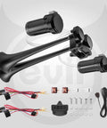 Badass 12V Dual Trumpet Air Horn Kit Includes Two Mini Compressors And Durable Hoses Ultra Loud Train Tone Warning System For Pickup Trucks And Rv Builds, showcasing compressor and trumpet details.