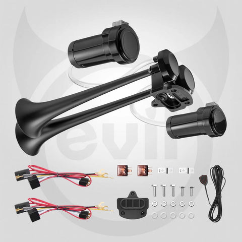 Badass 12V Dual Trumpet Air Horn Kit Includes Two Mini Compressors And Durable Hoses Ultra Loud Train Tone Warning System For Pickup Trucks And Rv Builds, showcasing compressor and trumpet details.