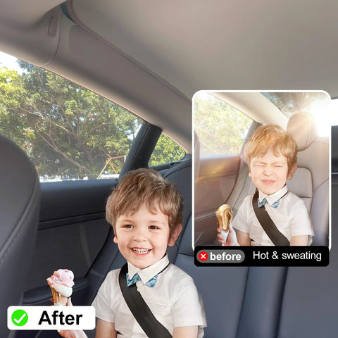 CHIYLE Glass Roof Sunshade for Tesla Model 3, black, installed in rear seat; child with ice cream.